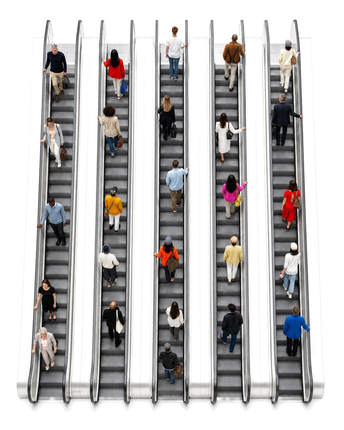 People on escalators going many directions